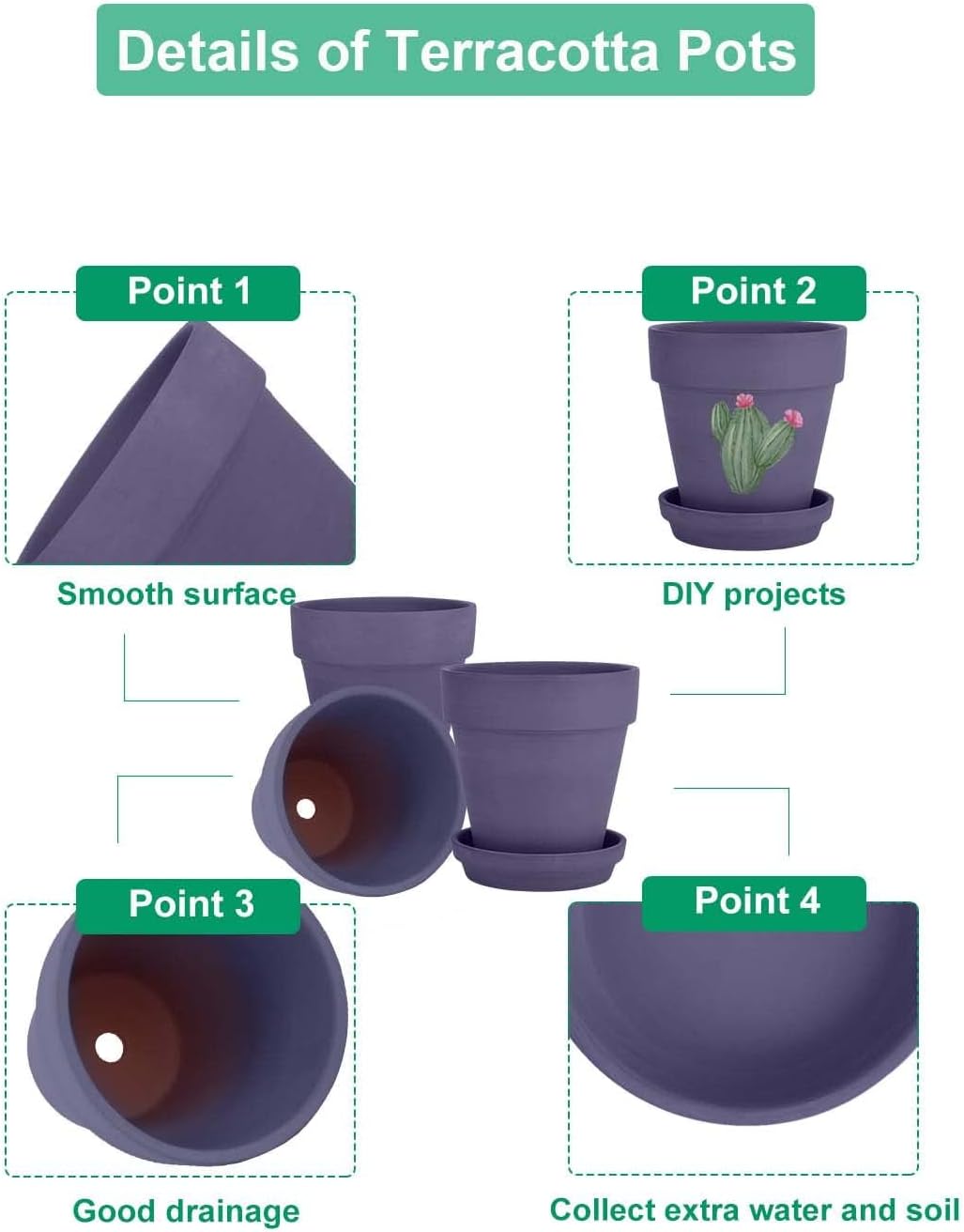 vensovo 6 Inch Purple Terracotta & Clay Pots for Plant with Saucer - 4 Pack Medium Terra Cotta Planter with Drainage Hole, Flowerpot for Indoor Outdoor Plants, Crafts, Wedding Favor