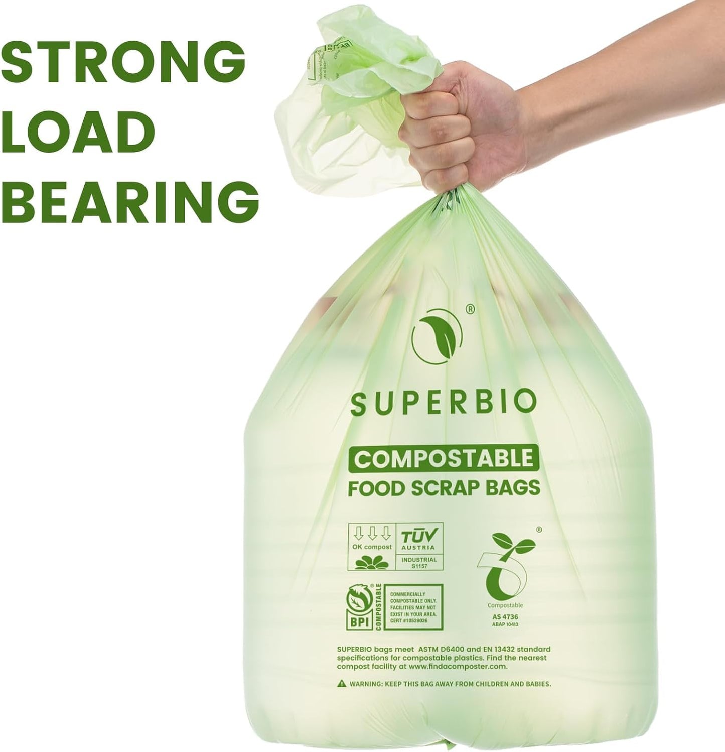 SUPERBIO 13 Gallon Compostable Kitchen Waste Bags, 50 Count, 1 Pack, Flat top Food Scrap bags, Certified by BPI and OK compost INDUSTRIAL, 49.2L, 0.87 Mil