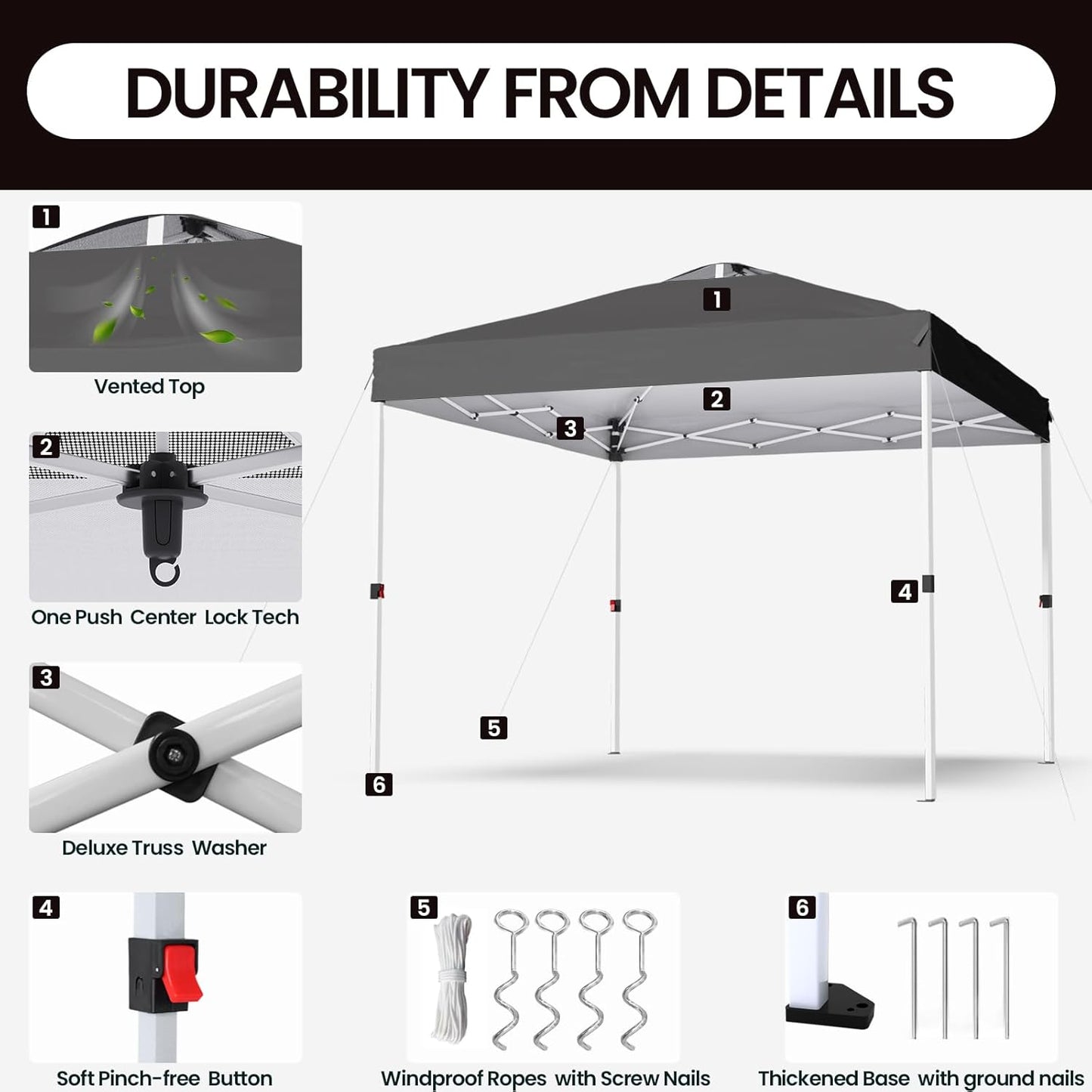 Shades 10x10 Pop Up Canopy with One Push Setup,Heavy Duty Beach Tent with Wheels for Easy Moving, Sun Shelter for Parties,Events, Outdoor Gazebo with 420D Coated Waterproof Grey Fabric