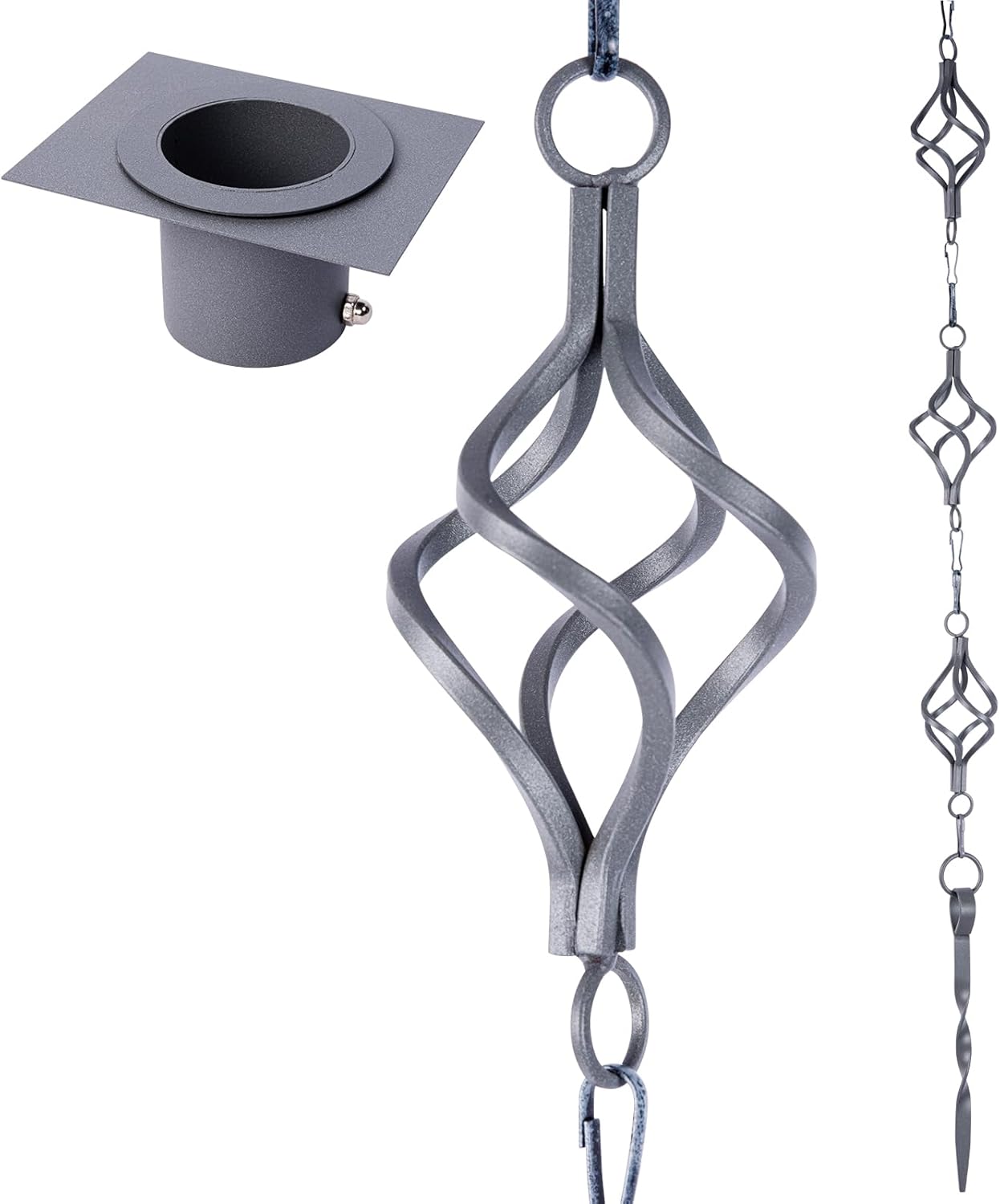 Rain Chain Bird Cage Set 8.5Ft, Wrought Iron Rain Chains for Gutters with Adapter Gotta Drain and Anchoring Stake,13 Birdcage, 1 Hook, Not Rust,Adjustable Length for Garden (Blue Gray)