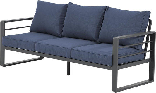 Patiorama Aluminum Patio Furniture Set, Outdoor Patio 3-Seater Sofa, 3 Seats Couch, All Weather Dark Grey Metal Chair with Olefin Cushion, Deep Seating, 800 lbs Capacity, Deck, Garden-Blue Cushion