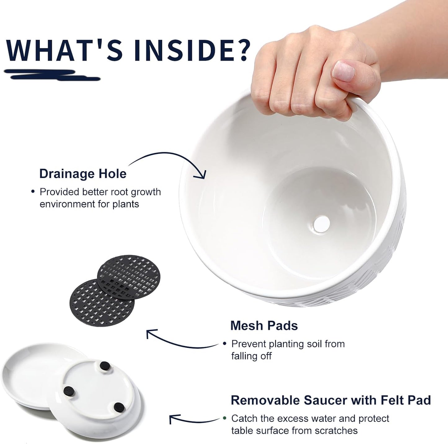 Sureasy Ceramic Indoor Plant Pots - 5.6 Inch Flower Pots for Plants with Drainage Hole and Saucer, Embossed Planter for Succulents, Orchid, Cactus, Indoor Home Decor, Set of 4, White