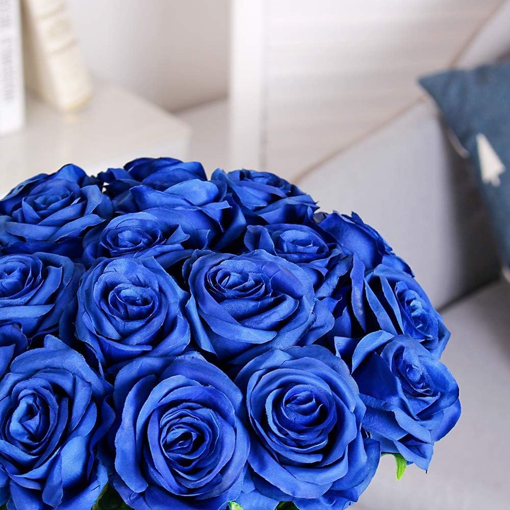 Blue Fake Roses Artificial Flowers - 10 Pcs Fake Artificial Roses Silk Flowers with Stems for Home Wedding Hotel Office Centerpiece Decor