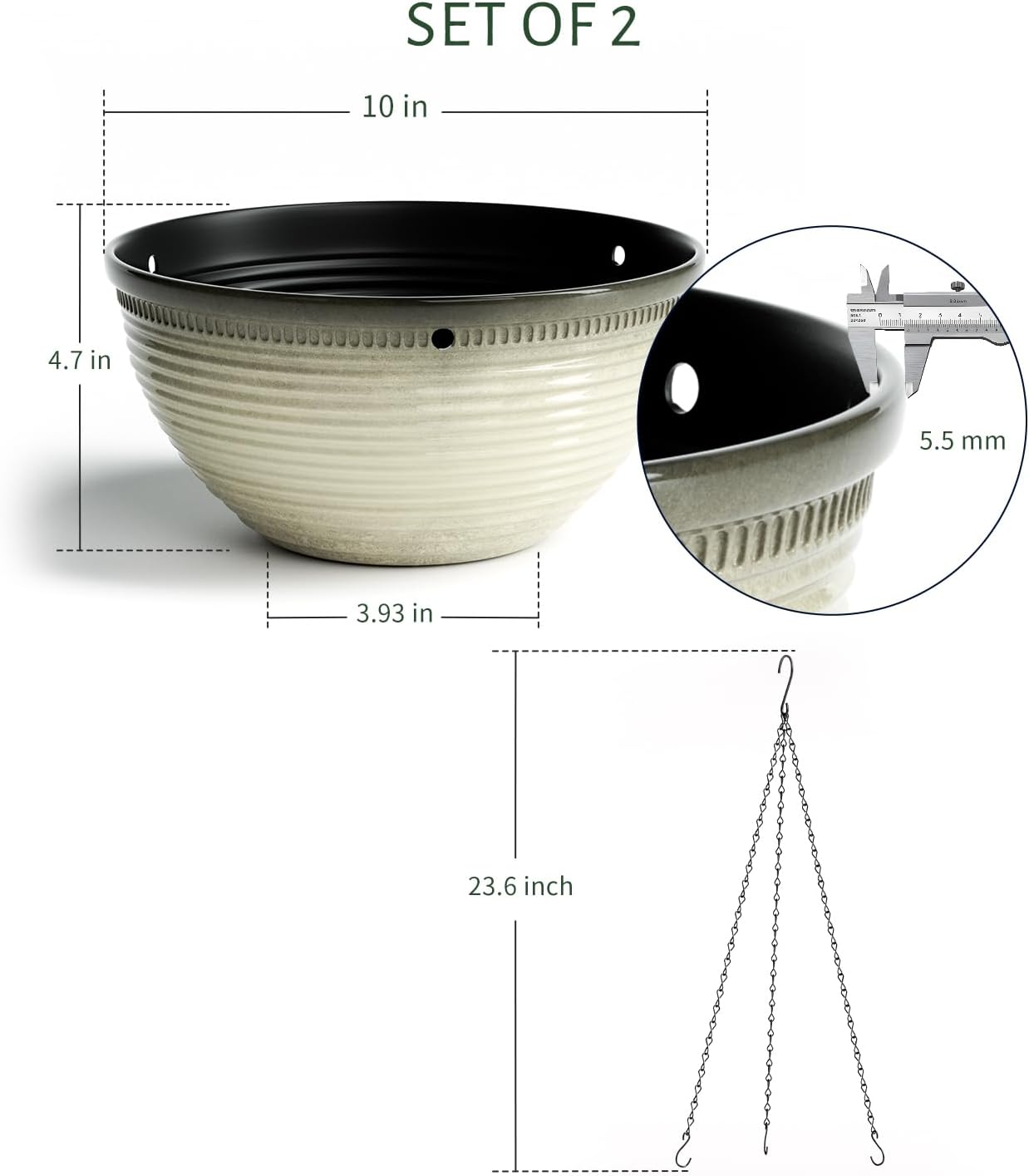 2 Pack Hanging Planters for Indoor Outdoor Plants, 10 Inch Hanging Planter with Drainage Hole & Plug Glazed Hanging Baskets Flower Pots for Garden Home (Off-White)