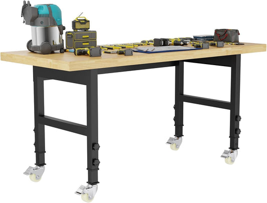 60'' Adjustable Workbench, Solid Wood Work Bench Table with Wheels and Power Outlet, Rolling Workbench Large Load Capacity Garage Workbench for Workshop,Office,Home