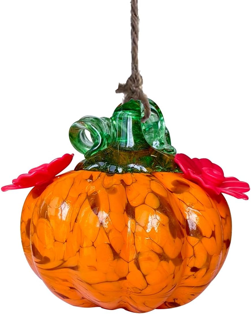 Small Glass Hummingbird Feeders for Outdoors Hanging - Hand Blown Glass Pumpkin Nectar Feeding, Orange Yellow with 2 Flowers Feeding Ports, Decor for Garden/Backyard Outside