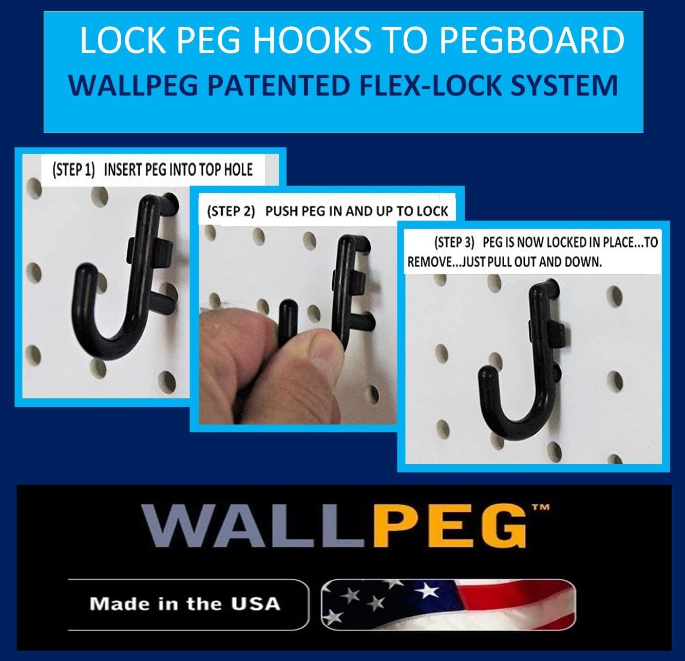 WallPeg 2 Black Pegboard Panels (24"x16" Each) with 36 Assorted Peg Hooks – Heavy-Duty Peg Board Garage Organizer Kit – Patented Flex-Lock Hooks – Made in USA Wall Storage System