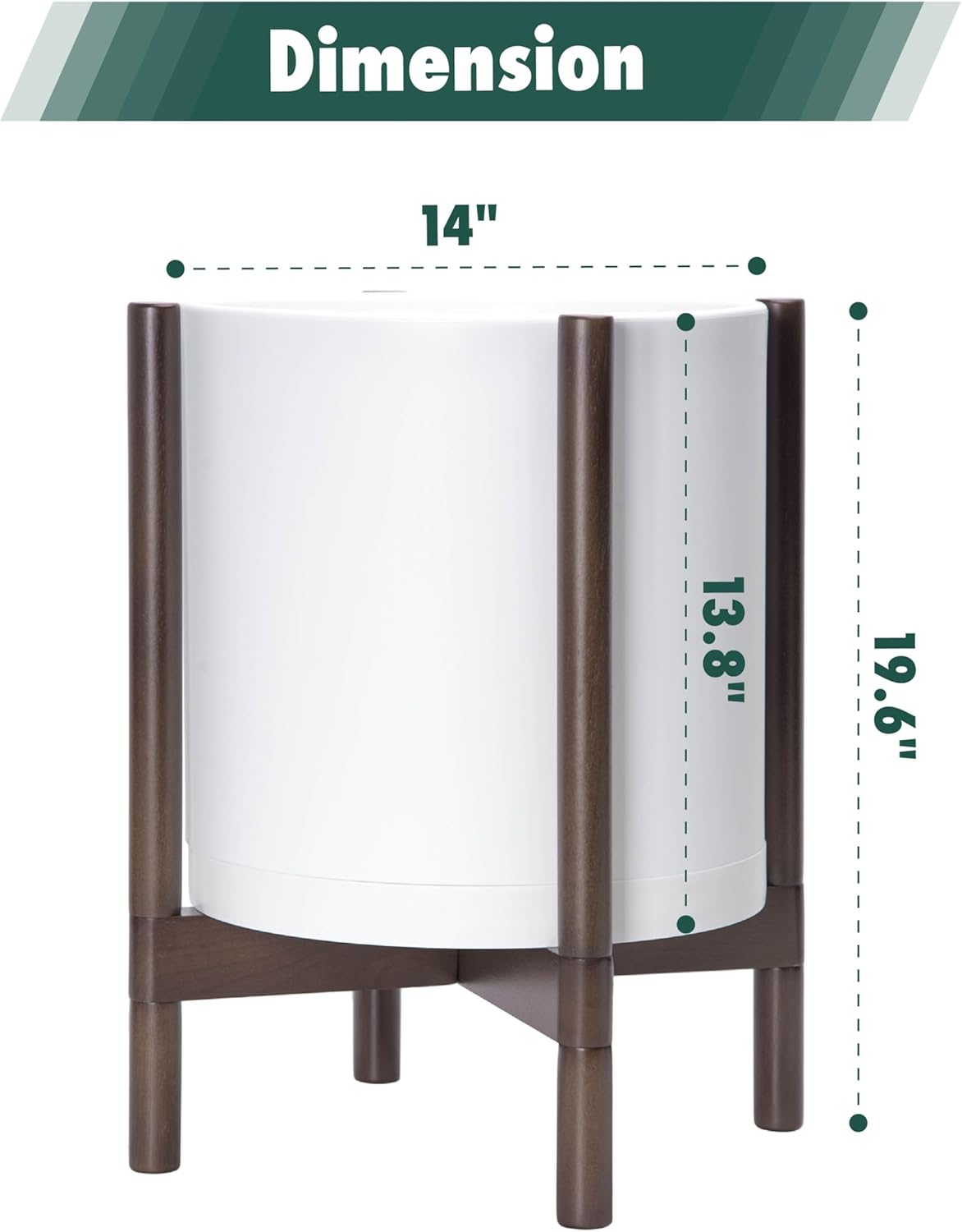 D'vine Dev Planter Pot with Stand - 14 Inch Plastic Cylinder Flower Pot with Wood Planter Holder for Indoor, Matte White Pot + Walnut Color Stand, 55-C-R-1