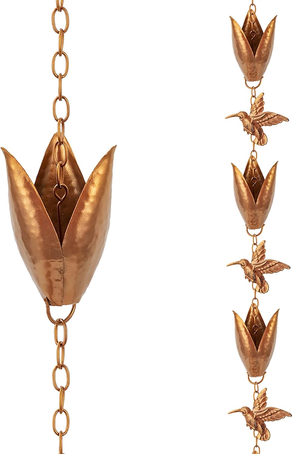 Rain Chains for Gutters, 8.5 Ft Rain Water Chain with 10 Tulip Cups & Detachable Hummingbird Decor, Adjustable Gold Rain Catcher Chain, Replacement for Downspout