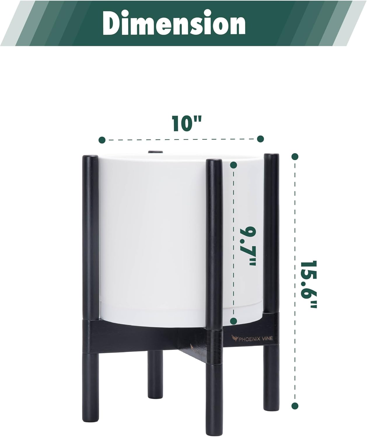 D'vine Dev Planter Pot with Stand - 10 Inch Plastic Cylinder Flower Pot with Wood Planter Holder for Indoor, Matte White Pot + Ebony Stand, 55-C-N-1