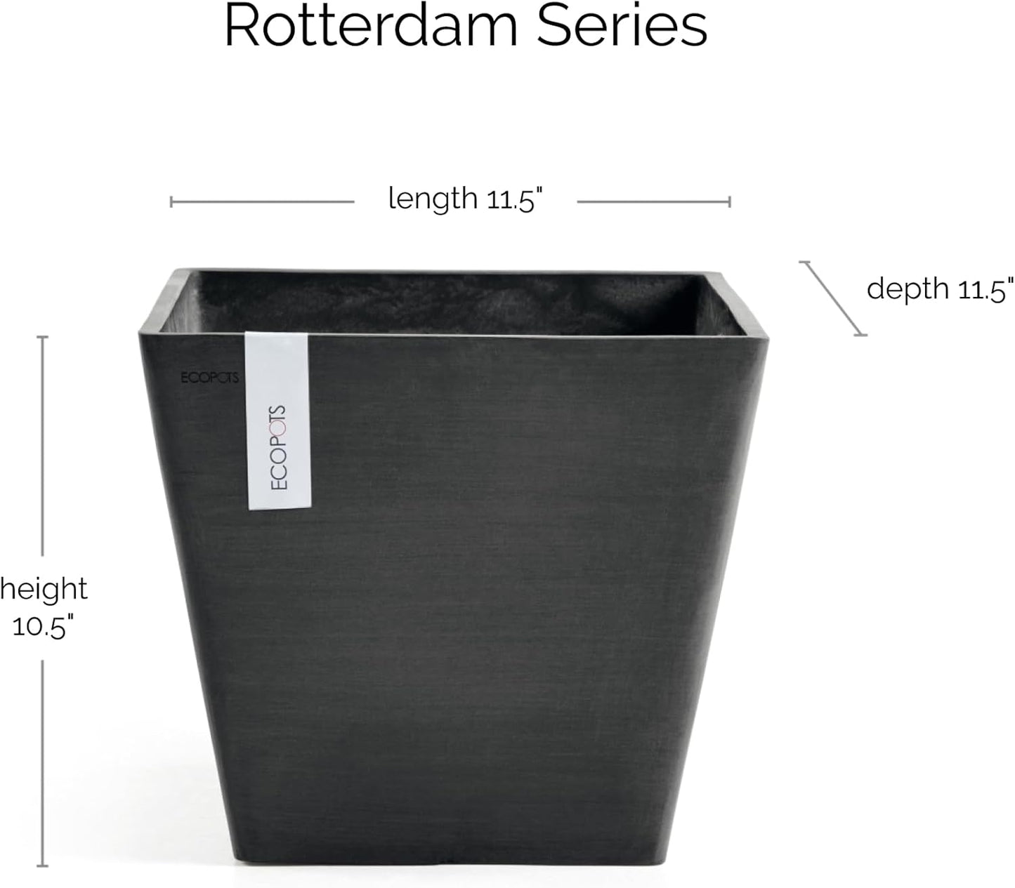 Ecopots Rotterdam Durable Modern Square Indoor/Outdoor Recycled-Based Composite Flower Planter, Dark Grey, 12"