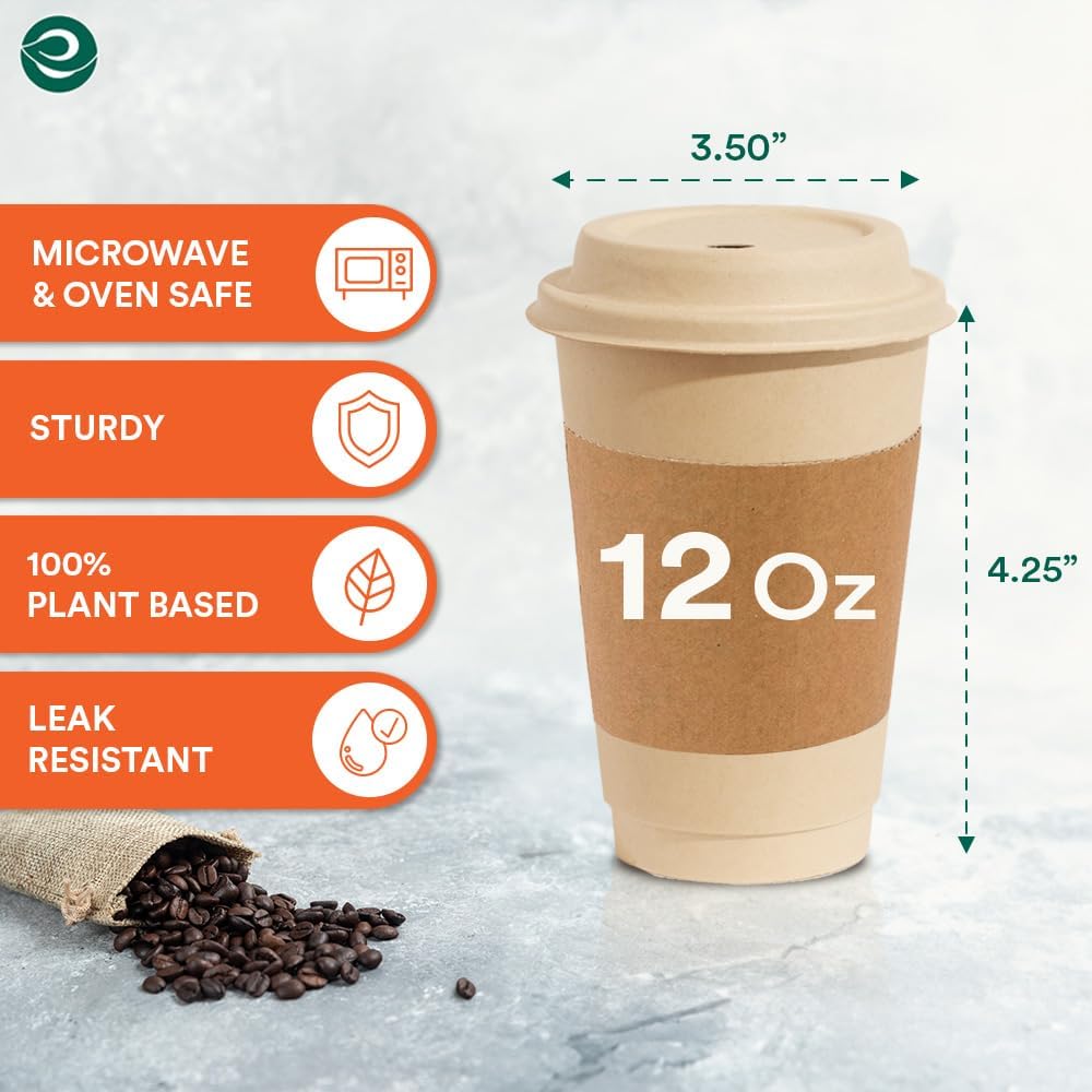 ECO SOUL 100% Compostable Coffee Cups With Lids & Sleeves - 12 Oz (50 Counts) To Go Coffee Disposable Bagasse Cups |Sturdy & Eco-Friendly Cups for Cafes, Party, Office