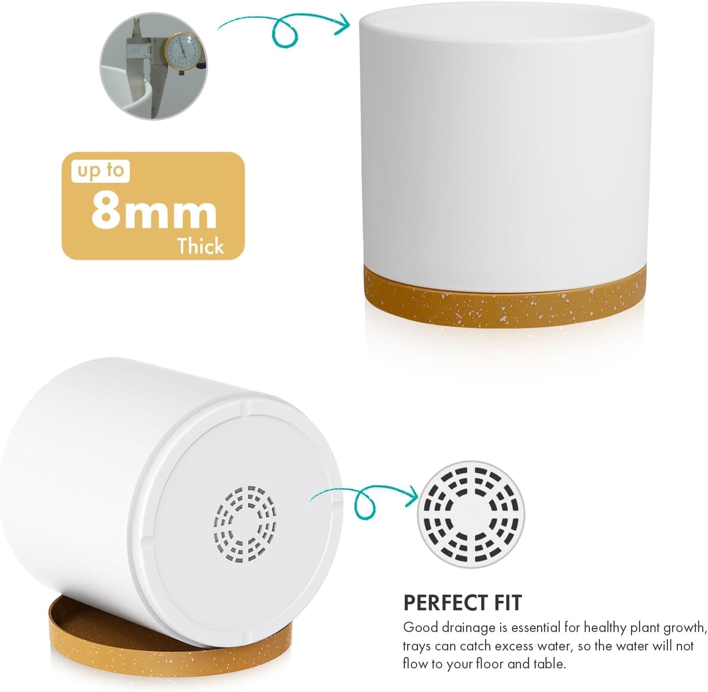 12 Inch Large Deep Plant Pots for Outdoor Indoor Plants, Tall Cylinder Flower Pots with Drainage Holes and Saucer, Big Decorative Plastic Planter Pots for Garden House Plants, White with Brown