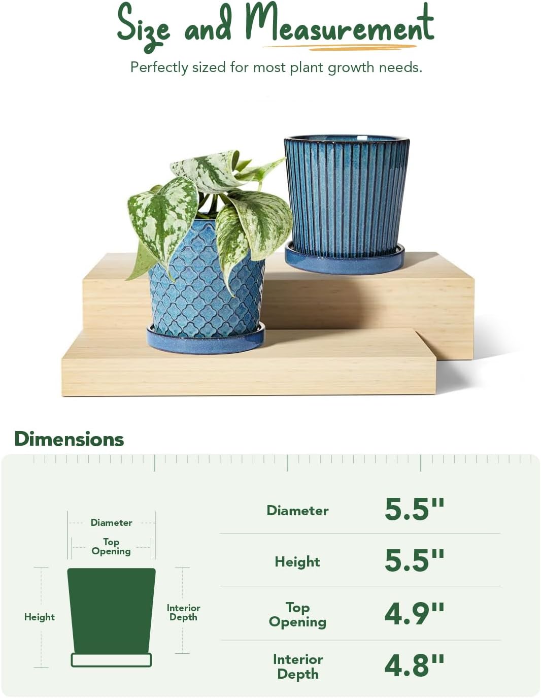 LE TAUCI Ceramic Pots for Plants, 5.5 Inch Plant Pots with Drainage Hole and Saucer, Indoor Plant Pots for Succulent, Snake Plants and Cactus, Flower Pots, Set of 2, Reactive Glaze Blue