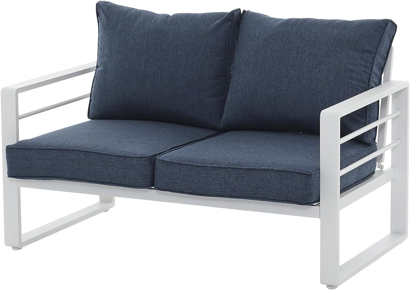 Patiorama Aluminum Patio Furniture Set, Outdoor Patio Loveseat, 2 Seat Sofa Couch, All Weather White Metal Chair with Olefin Cushion, Deep Seating, 600 lbs Capacity, Deck, Garden-Blue Cushion