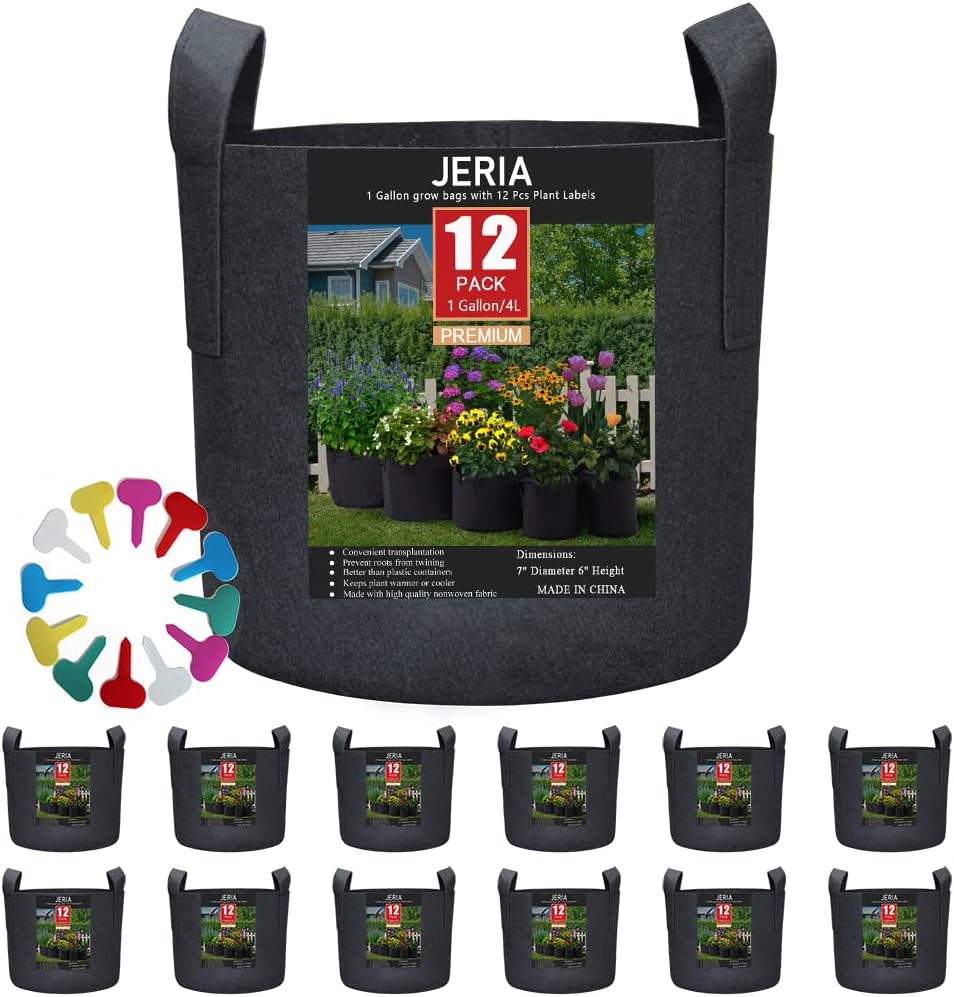 JERIA 12-Pack 1 Gallon, Vegetable/Flower/Plant Grow Bags, Aeration Fabric Pots with Handles (Black), Come with 12 Pcs Plant Labels