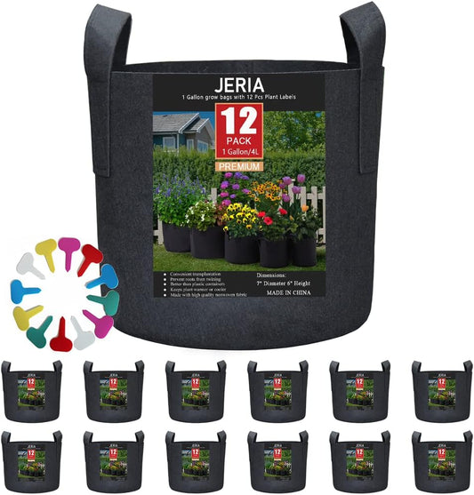 JERIA 12-Pack 1 Gallon, Vegetable/Flower/Plant Grow Bags, Aeration Fabric Pots with Handles (Black), Come with 12 Pcs Plant Labels