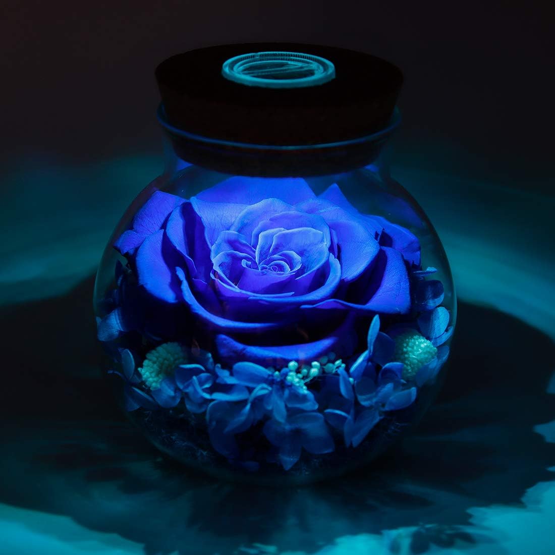 Preserved Real Roses with Colorful Mood Light Wishing Bottle, Eternal Rose，Never Withered Flowers, Table Decor,Christmas Anniversary Valentine's, Blue 4.3inch, 1pcs