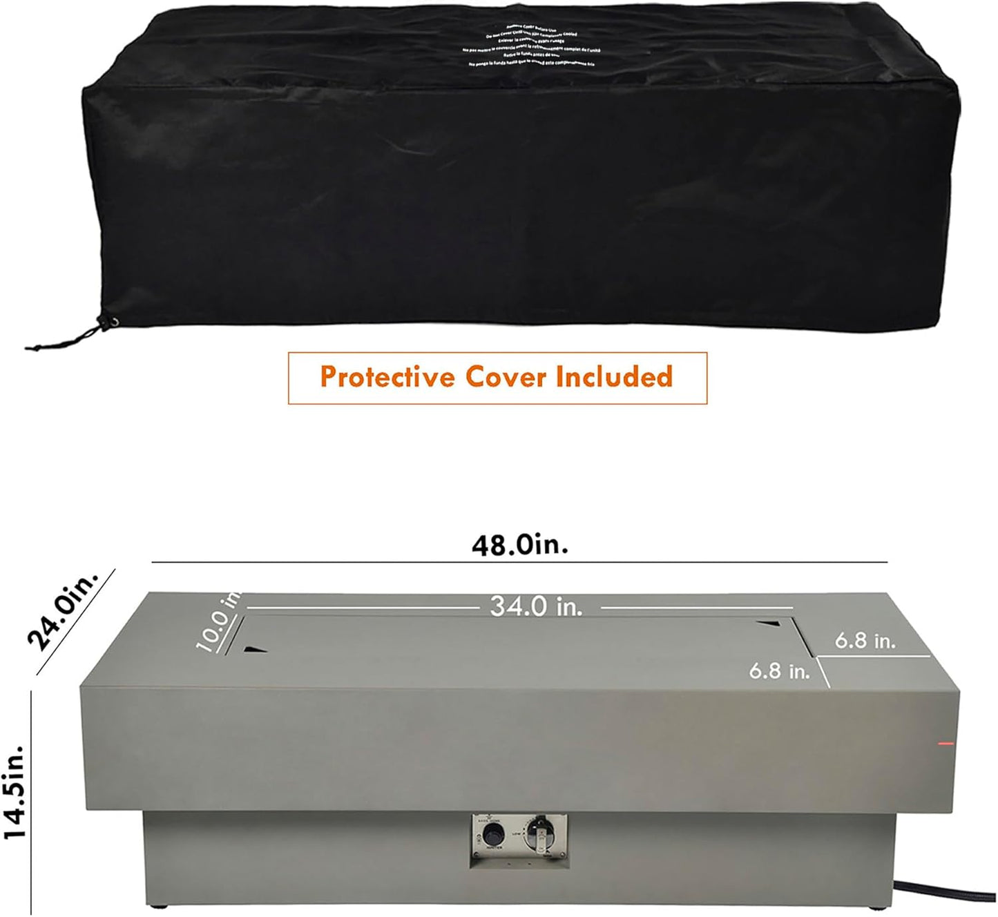 48-inch Fire Table with Natural Gas Conversion Kit, 50,000BTU Outdoor Modern Patio Fire Pit Table w/Rectangular Burner Lid, Glass Rocks, Cover