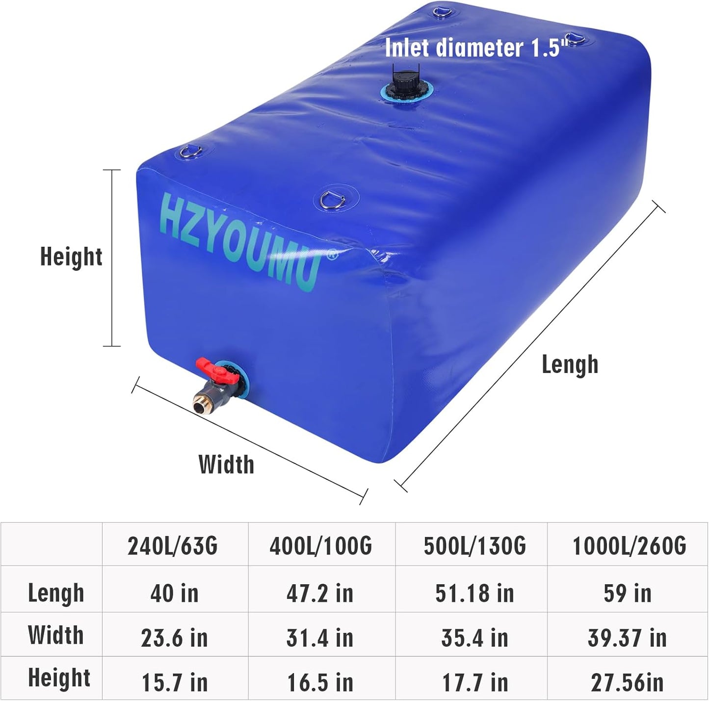 Water Tank 1000L/260G Water Bladder Storage Container Foldable Portable Large Capacity Soft Bag Suitable for Outdoor Easy to Carry Out (260Gal)