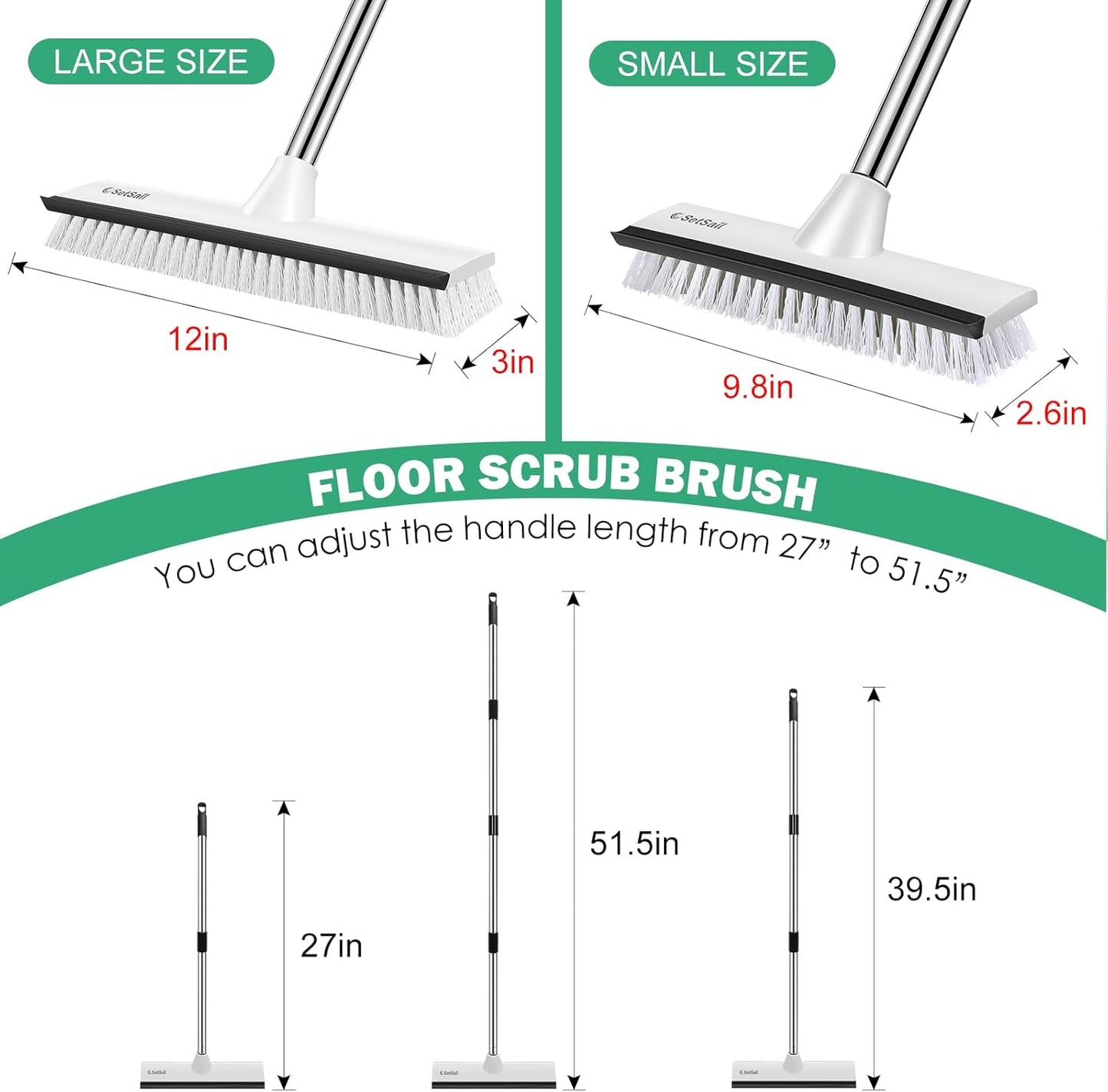 SetSail Upgraded Large 12 in Wide Floor Scrub Brush with 51-Inch Long Adjustable Handle 2 in 1 Scrape Brush Stiff Bristle Floor Scrubber for Cleaning Shower Bathroom Garage Kitchen Wall Deck Tub Tile