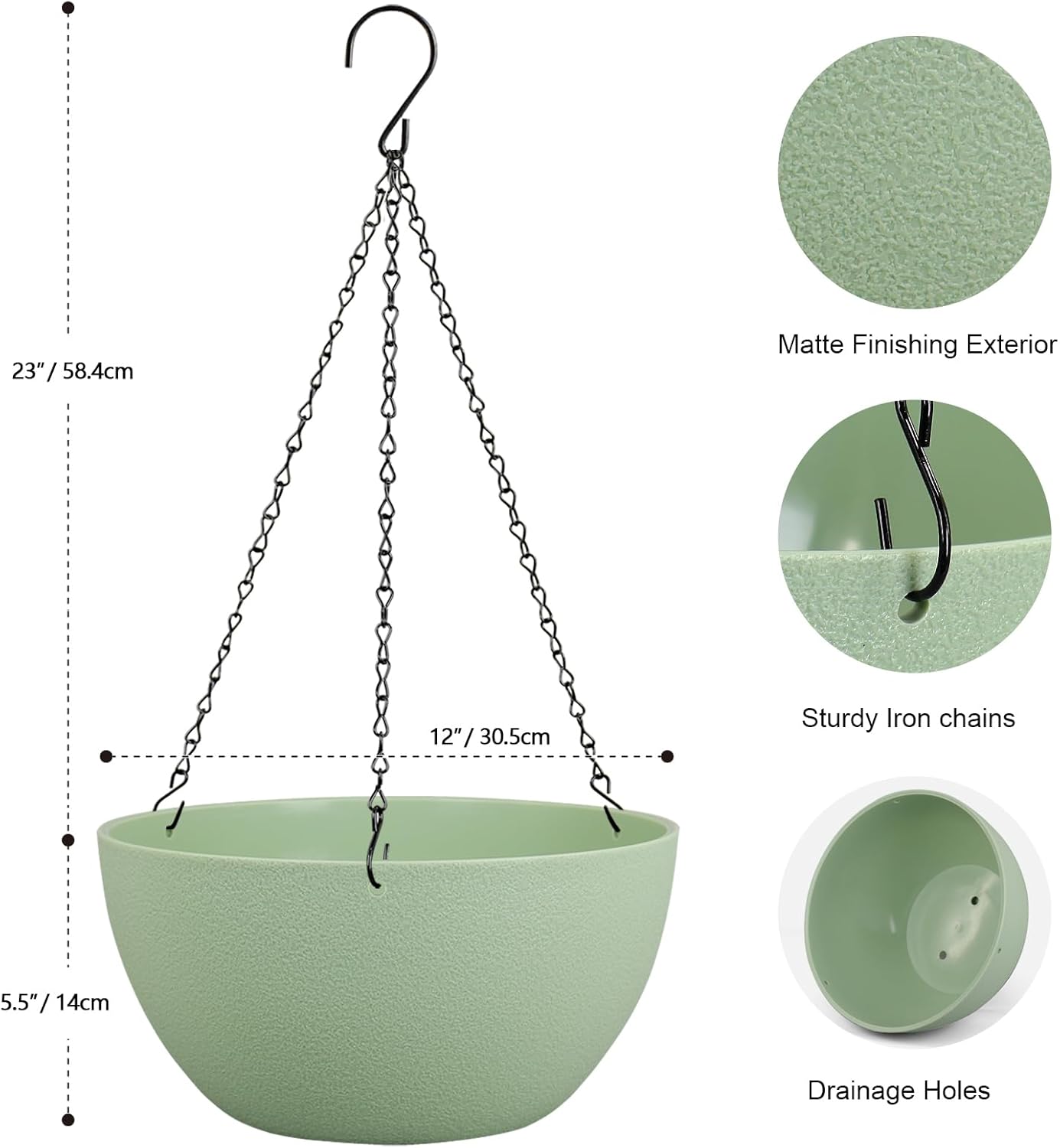 12 inch Large Hanging Planters Plant Pots for Indoor Outdoor Plants, 2 Pack Hanging Flower Pots with Drainage Holes and Chain for Garden Porch, Plastic Hanging Baskets for House Plants, Green