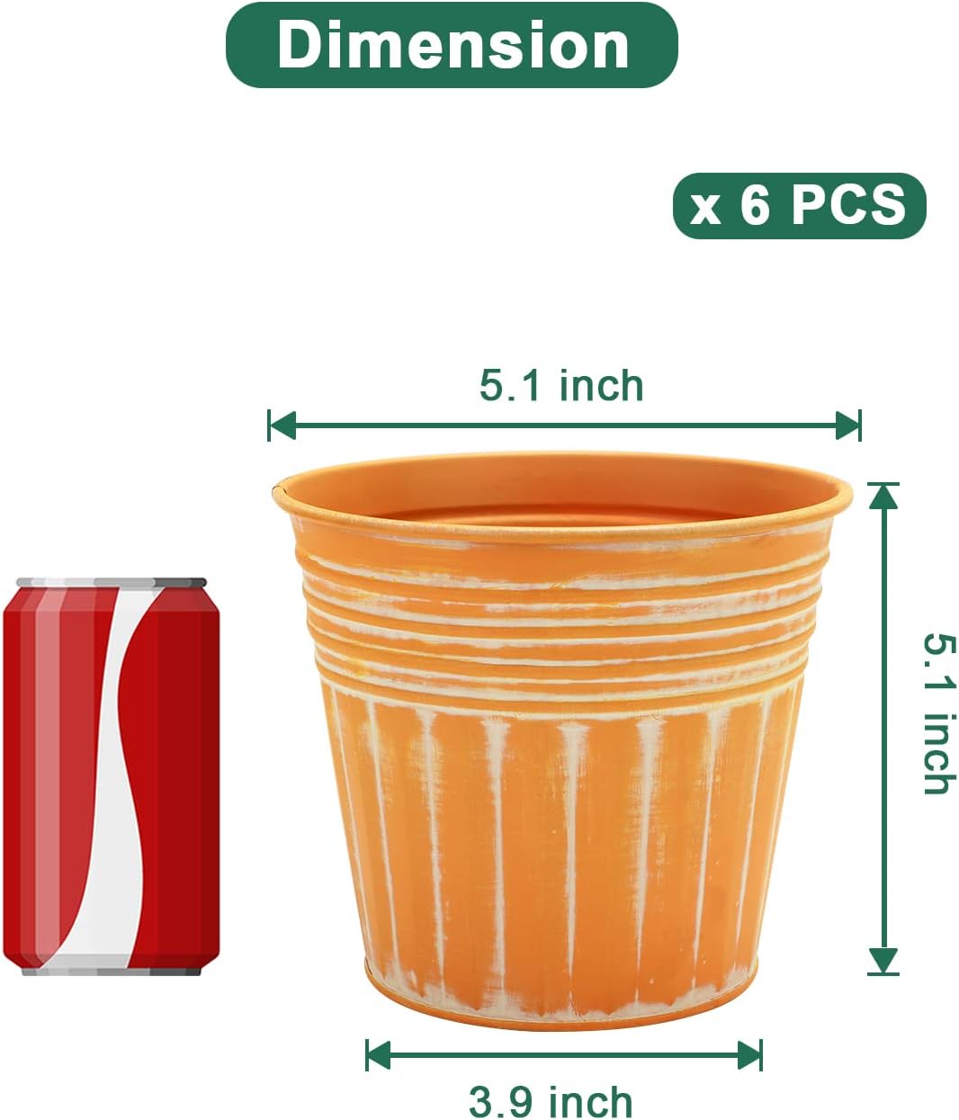 vensovo 5 Inch Orange Metal Rustic Flower Pots - 6Pcs Medium Galvanized Planters with Drainage Hole and Rubber Plug, Rustproof Metal Bucket Plant Pots Farmhouse Vintage Style for Decor