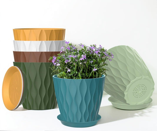 6 Pack 7 Inch Plant Pots with Drainage and Saucers, Multicolour Plastic Flower Pots for Indoor and Outdoor Plants, Stackable Nursery Planters for Houseplants and Herbs, Multicolour