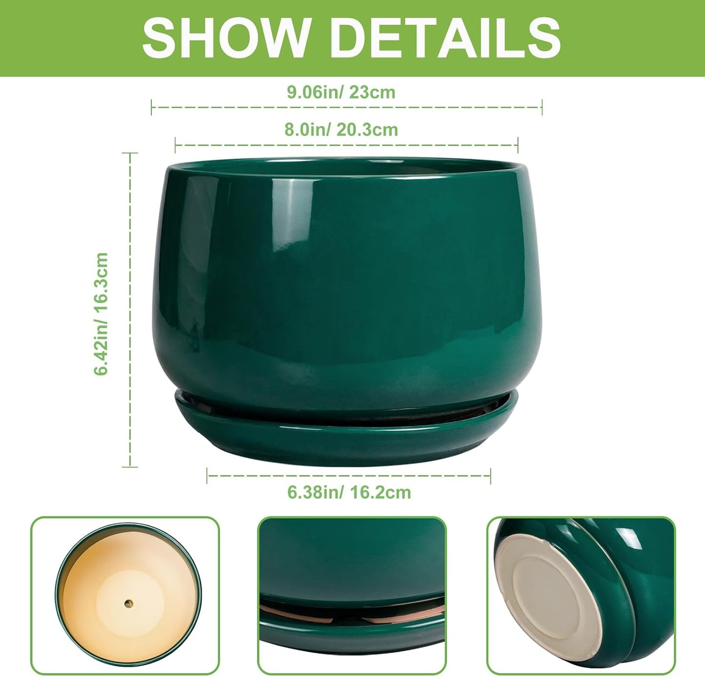 G EPGardening Ceramic Pots for Plants - 9 Inch Ceramic Planter for Indoor Plants, Round Planter with Drainage and Saucer, Modern Flower Pots for Outdoor, House Decor, Garden Gifts, Green