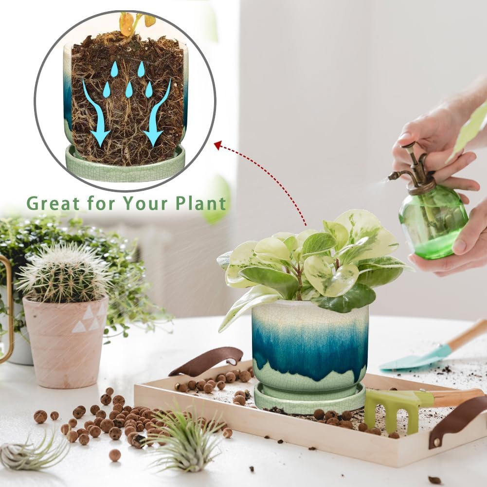 Oairse Ceramic Pot for Plants 5.5 inch Pots for Plants Small Planter Pot with Drainage Hole and Saucers Gradient Dark Teal Outdoor Inoor Flower Pots for Succulent, Cactus, Snake Plant, Herb