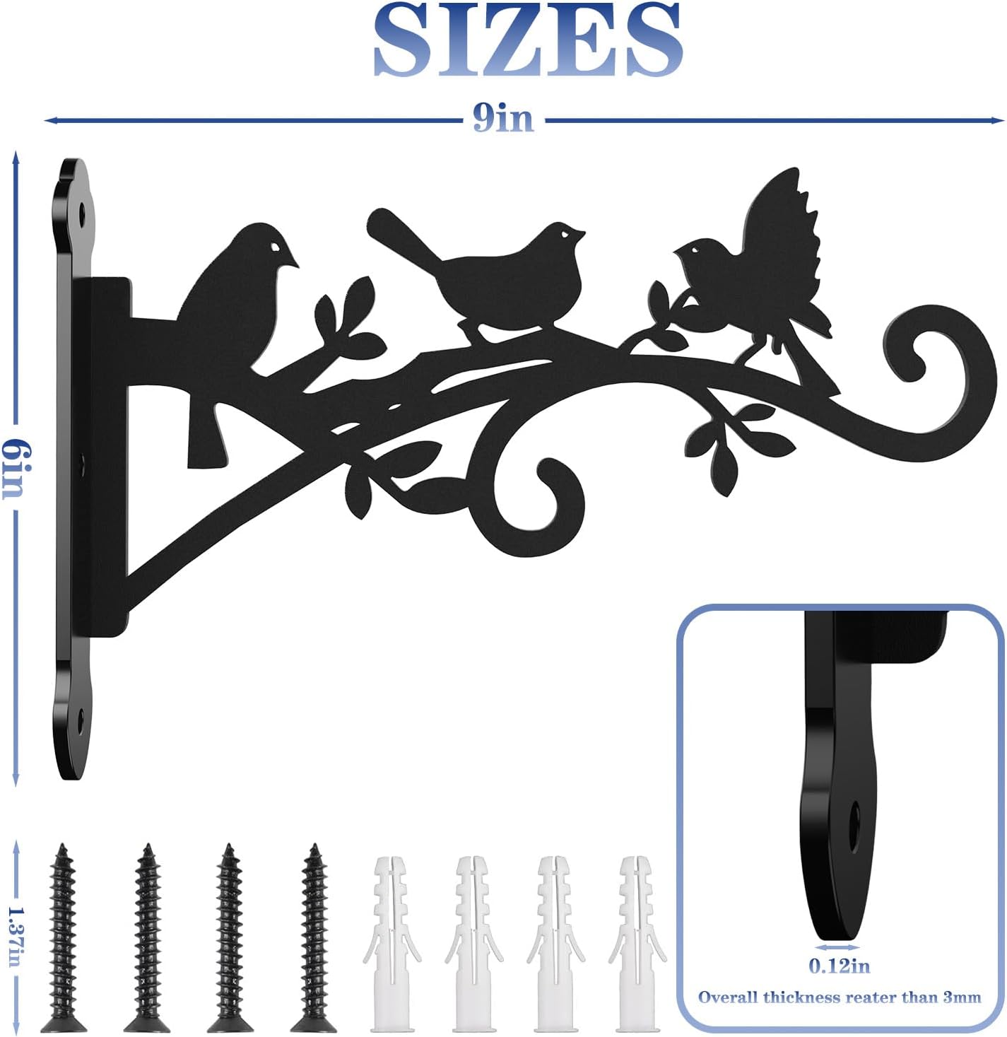 Metal Hanging Plant Bracket with Birdie Pattern 2 Pack – Heavy Duty Plant Hooks for Hanging Flower Baskets，Plants, Bird Feeder, Wind Chime - Indoor/Outdoor Use，Black Matte Texture (9 in)