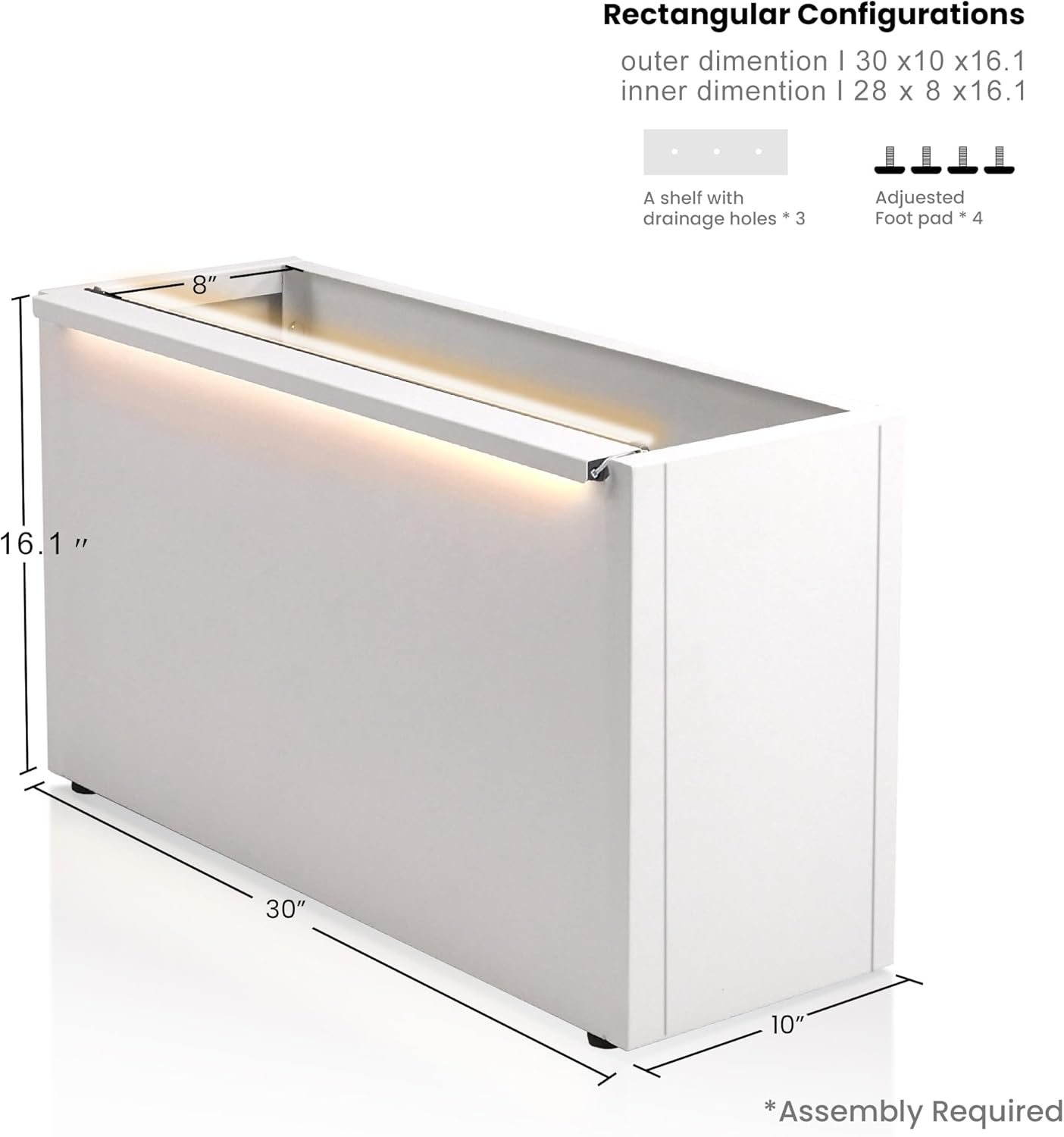 GSK White LED Metal Planter Boxes Outdoor Space LED Light Strips × 2 Durable and Stylish Rectanglular Raised Flower Trough with Drainage Holes Indoor Easy Assembly Garden Patio Balcony Porch