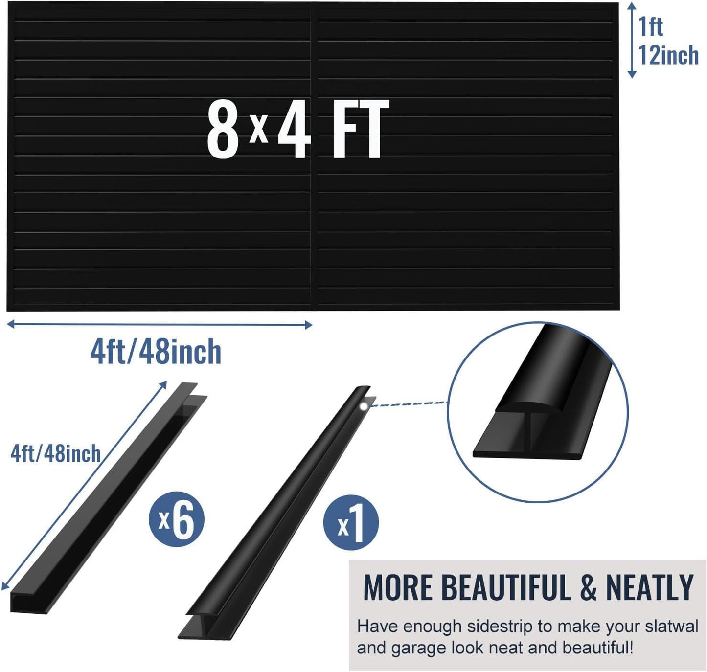 Slatwall Panel Garage Organizer PVC Slatwall Heavy Duty Wall Mounted Rack, Interlocking Slat Wall Panels for Tool Organization Peg Board (Black 4 x 8 ft)