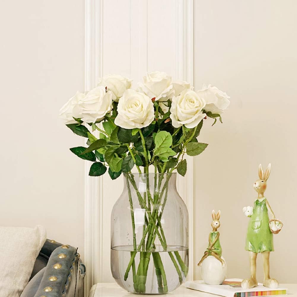 Amzali Artificial Flowers, Real Looking Blush Fake Rose Long Stem Silk Artificial Rose Flowers Home Decor for Bridal Wedding Bouquet, Centerpieces Birthday Flower Party Garden floral Arrangement White