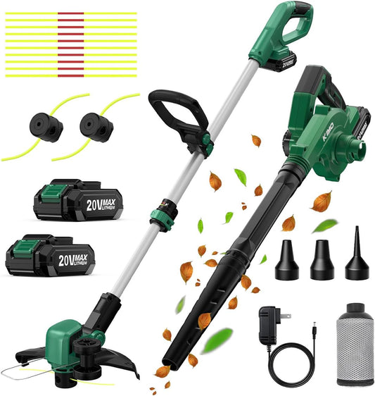 KIMO 20V Weed Wacker and Blower Combo w/2 x 2.0Ah Battery & Charger, 12 Inch String Trimmer w/10Pcs Cutting Lines, 4-in-1 Leaf Blower Cordless w/Vacuum, 3 Nozzles & 20" Extended Tube for Yard, Garden