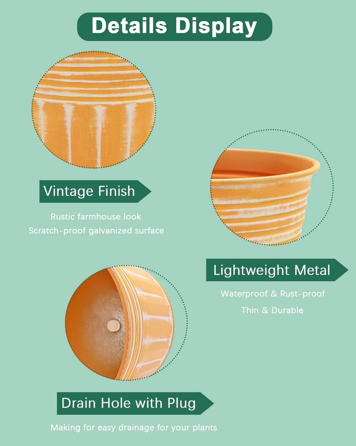 vensovo 7 Inch Orange Metal Rustic Flower Pots - 6Pcs Medium Galvanized Planters with Drainage Hole and Rubber Plug, Rustproof Metal Bucket Plant Pots Farmhouse Vintage Style for Decor