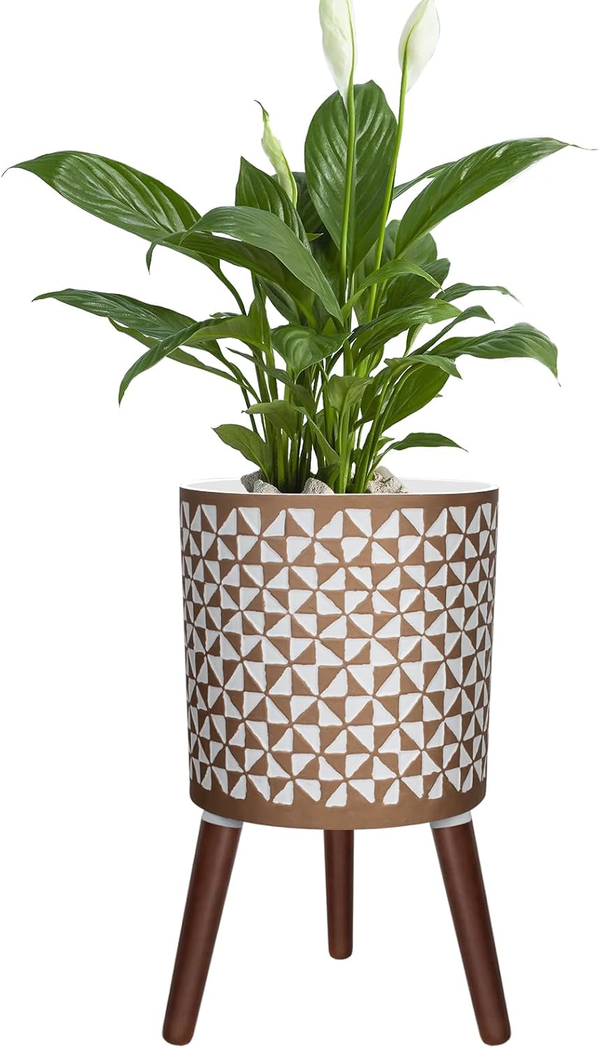10 Inches Plant Pots with Wood Stand Large Modern Standing Planters for Indoor Mid Century Flower Pot with Drainage Holes Big White & Gold Planters for Living Room, Office, Garden or Balcony