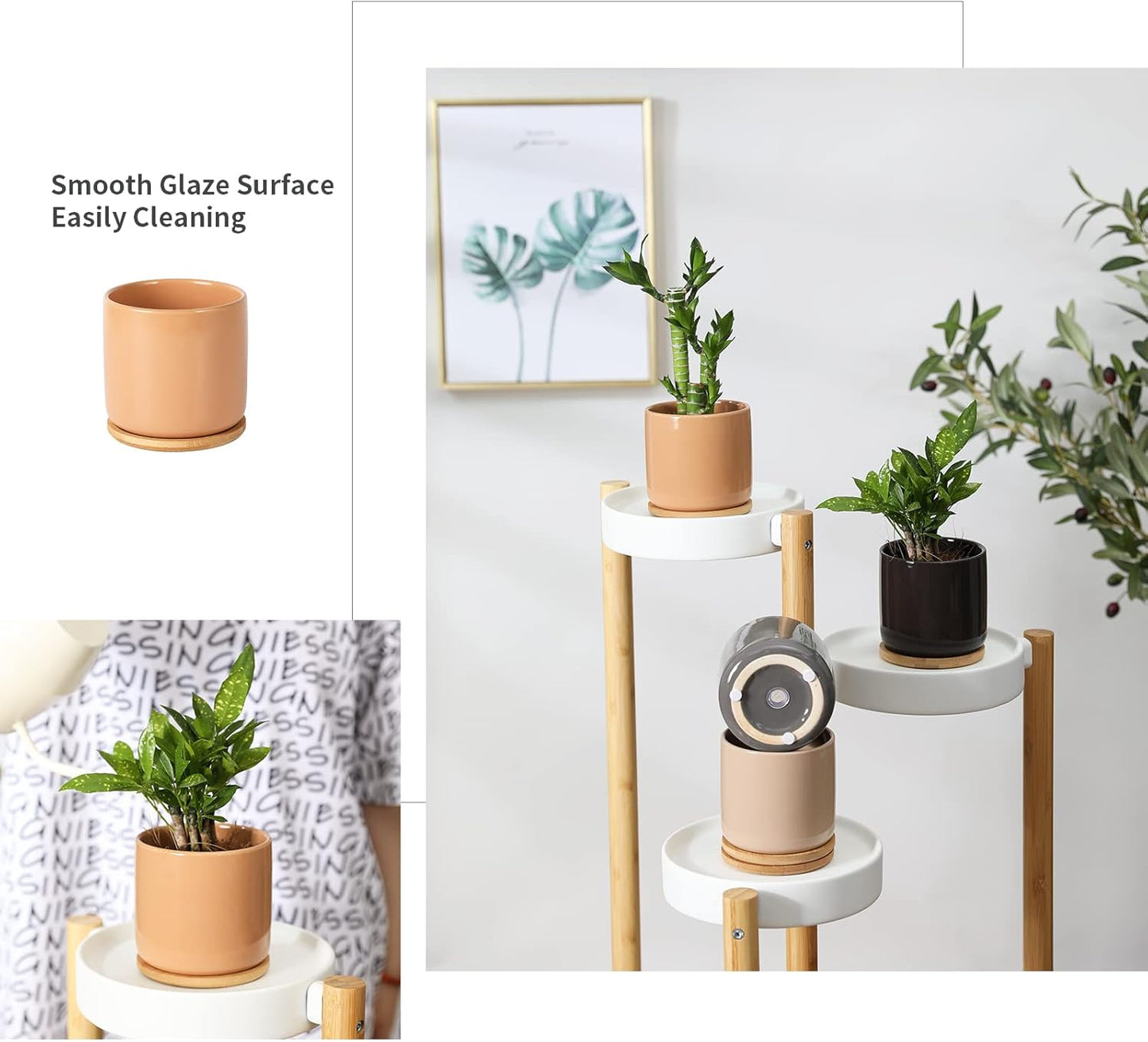 OMAYKEY 4 Inch Ceramic Plant Pot with Saucer, Multicolor Bright Glazed Planters Pots with Drainage Hole and Mesh Pads for Succulent, Indoor Flowers, Snake Plants, Cactus, Herbs, Set of 4