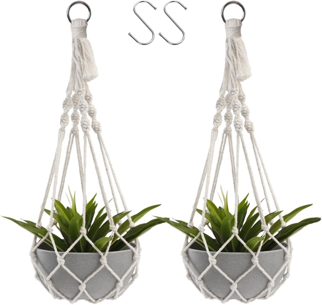 Artilady Macrame Plant Hanger Large Hanging Planter for Indoor Plants Holder White Cotton Rope Hanging Plant Basket Handmade Outdoor Window Boho Plant Wall Decor