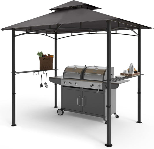 COOSHADE 8'x 5' Grill Gazebo Double Tiered Outdoor BBQ Gazebo Canopy with LED Light (Gray)