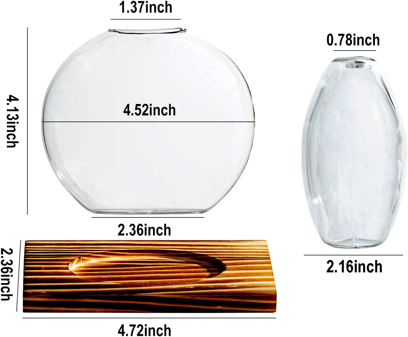 Glass Planter Propagation Station with Wooden Base - Clear Oblate Hydroponic Vase, Decorative Desktop Flower Vase for Home, Office, Windowsill - Gift for Plant Lovers (2)