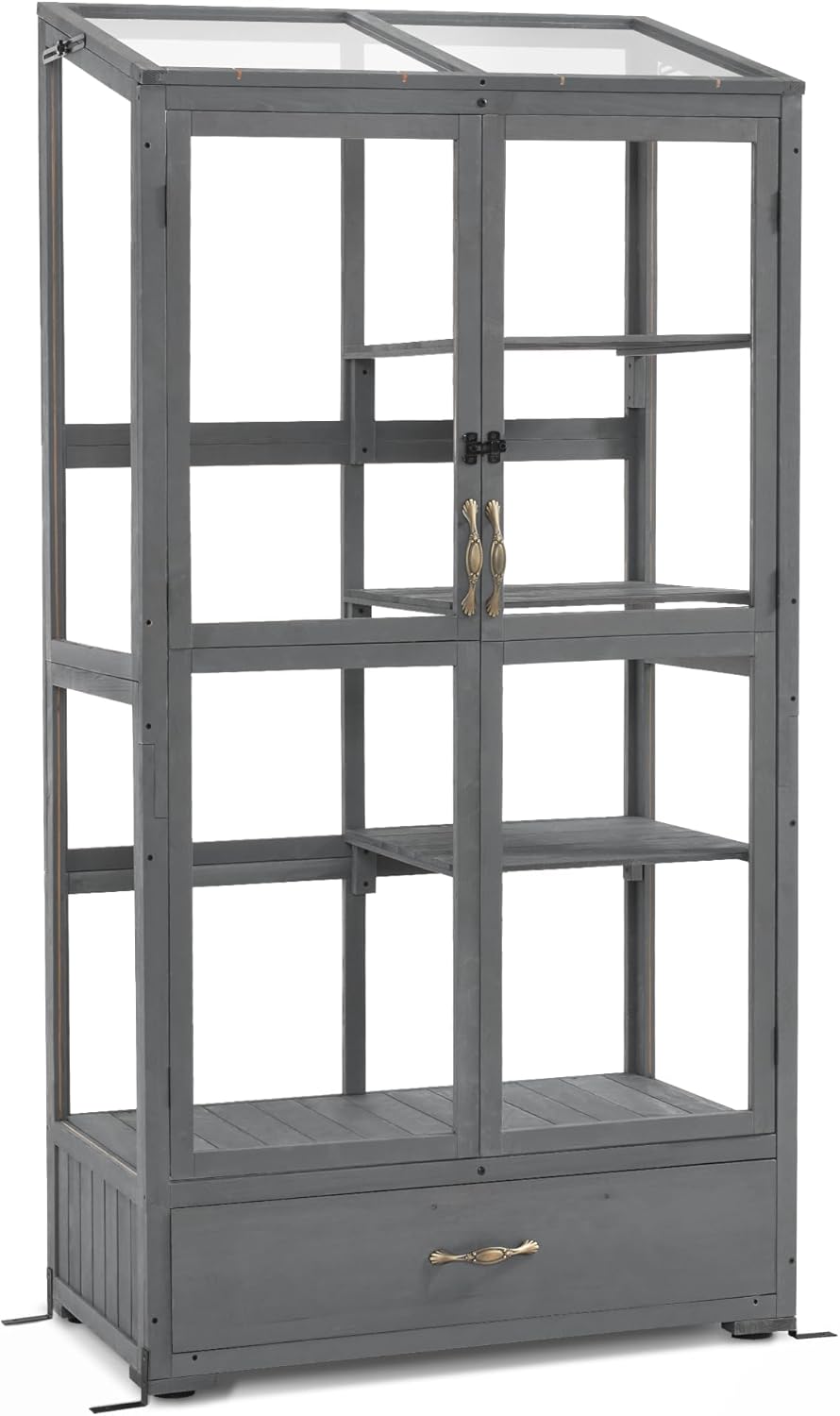 Macrout Cold Frame Greenhouse, Tall Wooden Greenhouse for Outdoor Indoor Use with Polycarbonate Panels, 3 Tier Garden Cold Frame with Drawer and Shelves, 0864 (Dark Grey)