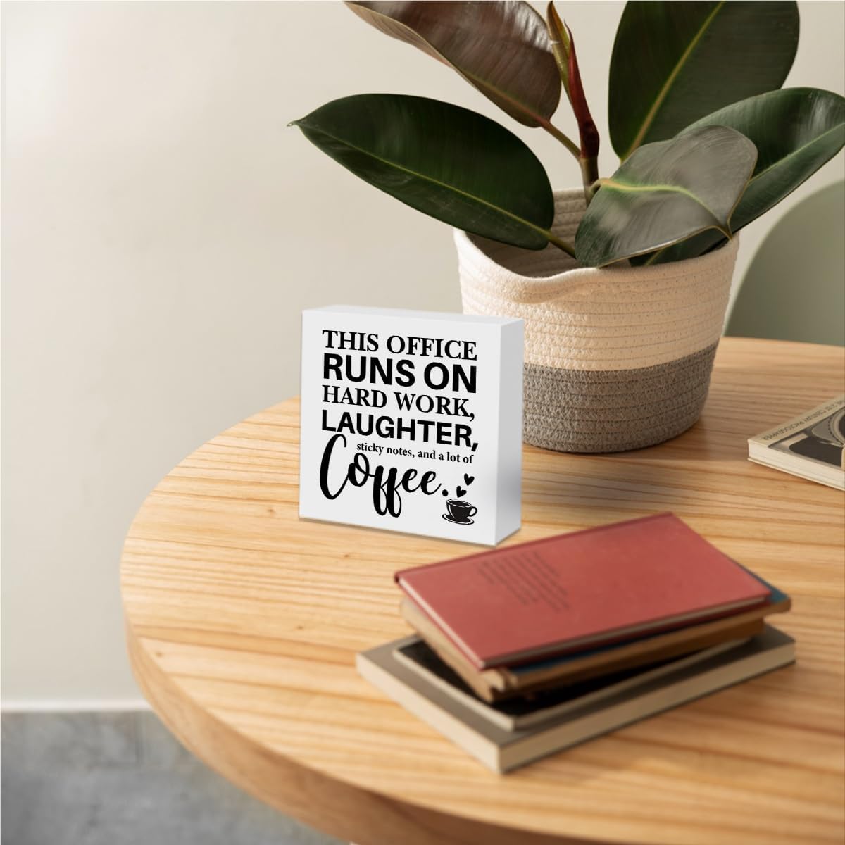 Farmhouse Office Desk Accessories Wooden Box Sign, Positive, This Office Runs on Hard Work Wooden Sign Decorations for Table Shelf, Tabletop Coffee Decor