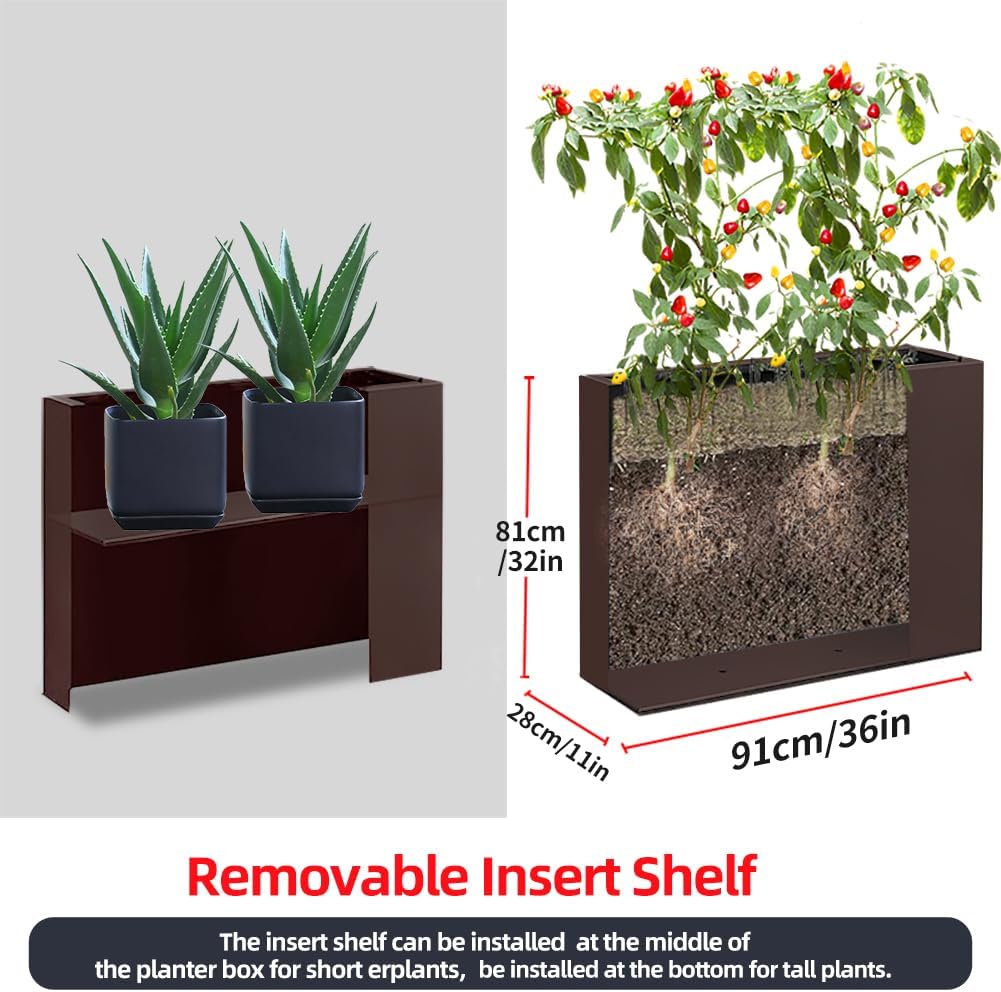 Metal Tall Long Planter Box Large Rectangular Planter Flower Pot with Drainage Holes for Indoor Outdoor Deck Porch Garden Home Patio Front Door (Espresso, L)