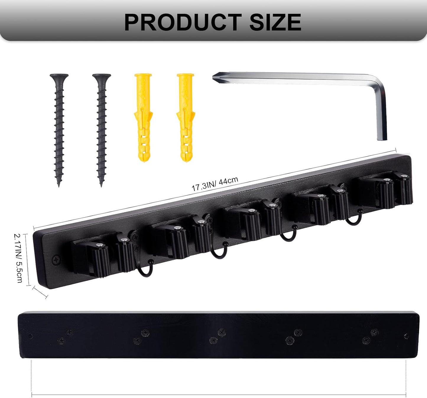 Broom Holder Wall Mount With 5 Slots & 4 Hooks，Rustic Wood Broom & Mop Hanger，Wall Mounted Garden & Garage Tool Storage Organizer Rack for Closet Laundry Room or Kitchen Wall Decor Black