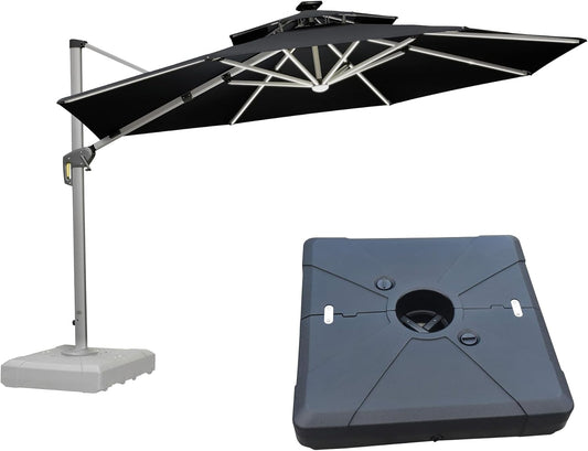 PURPLE LEAF 12ft Patio Umbrella With Base Solar powered LED Cantilever Umbrella with LED lights Windproof Outdoor Offset Umbrella for Garden Deck Pool Patio, Grey
