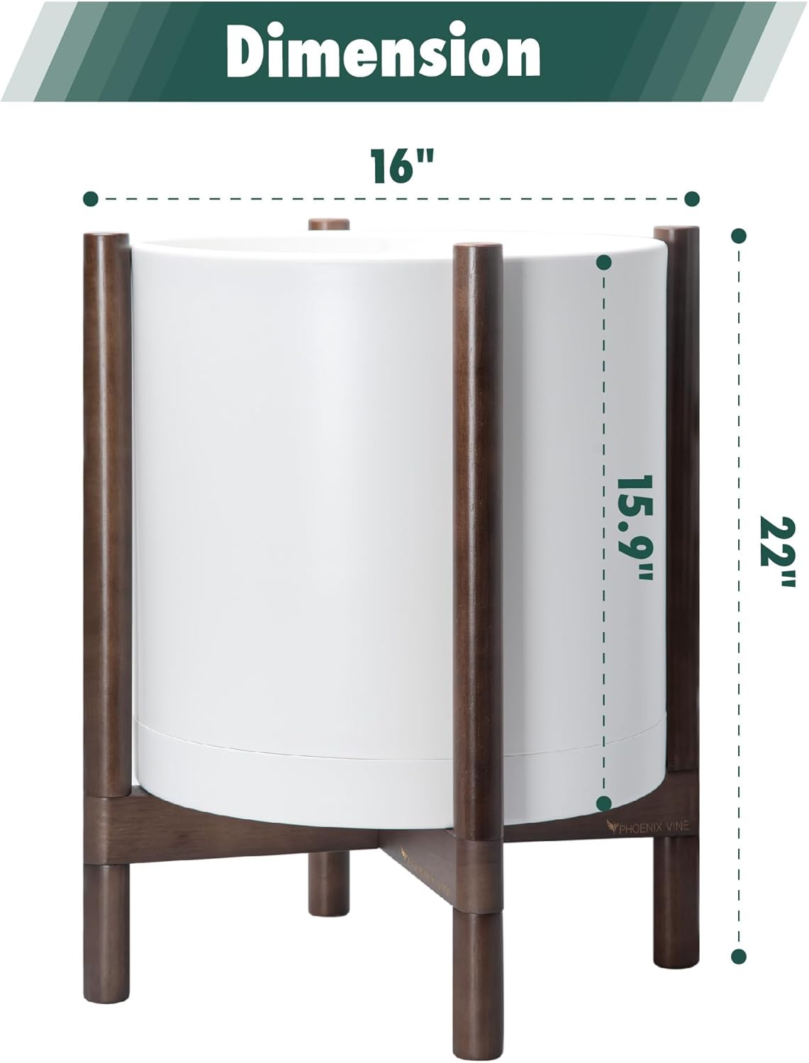 D'vine Dev Planter Pot with Stand - 16 Inch Plastic Cylinder Flower Pot with Wood Planter Holder for Indoor, Matte White Pot + Walnut Color Stand, 55-C-X-1