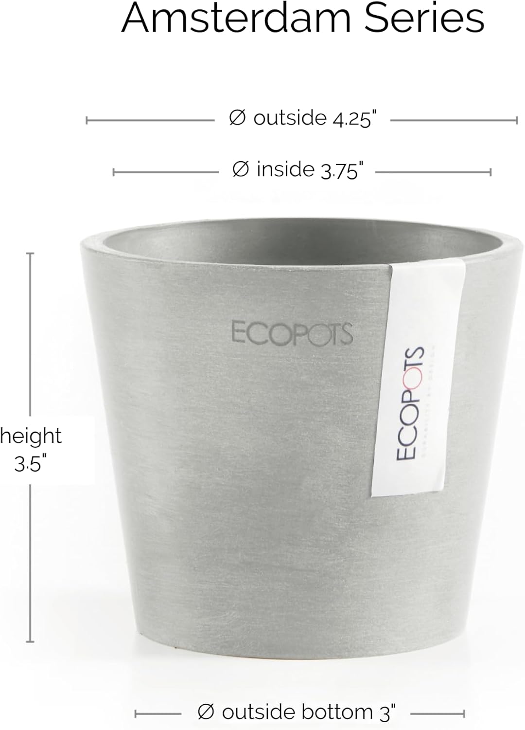 Ecopots Amsterdam Mini Durable Modern Round Recycled-Based Composite Flower Pot Planter, White Grey, 4"