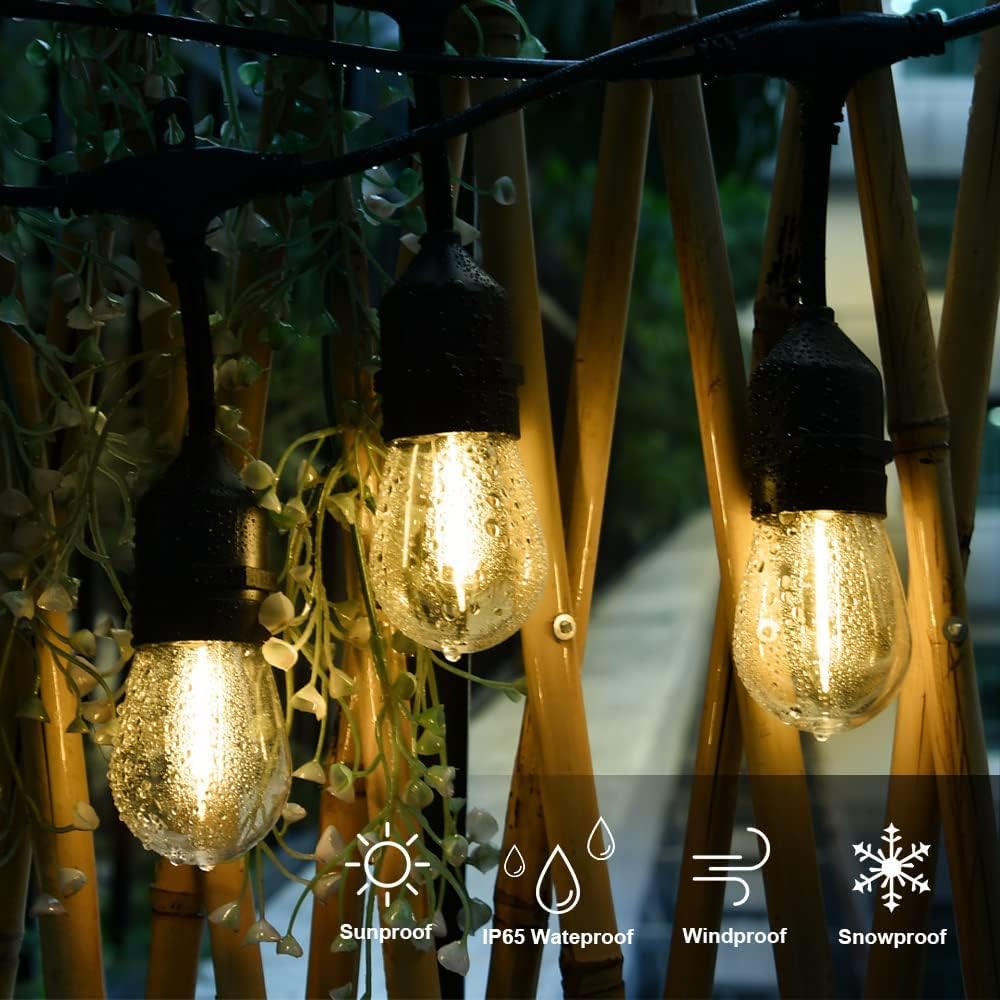 Outdoor String Lights LED 100FT Commercial Grade Heavy Duty Light String Lights with 30 Sockets 32 Shatterproof Plastic Bulbs Include 2 Spare S14 Dimmable Edison Bulbs Patio Market Cafe Light