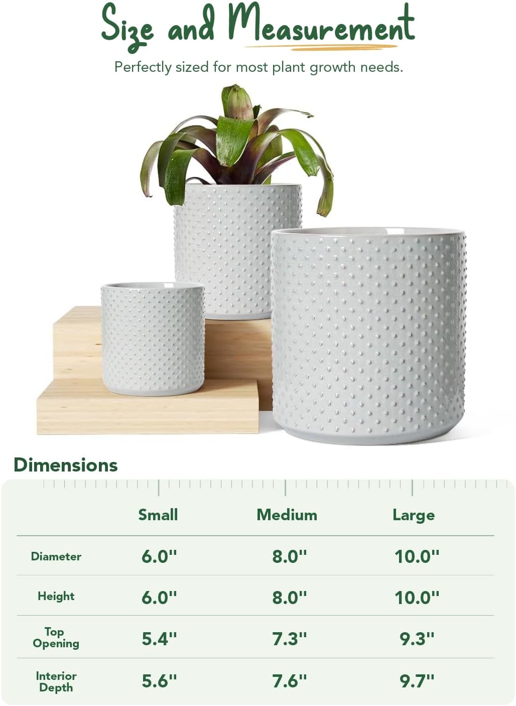 LE TAUCI Ceramic Plant Pots Indoor, 10+8+6 Inch Planters for Indoor Plants, Raised Dots Flower Pots with Drainage Hole and Plug, Cylinder Round Planters, Set of 3, Glaze Star Gray